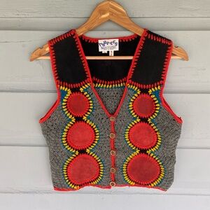 Vintage Har-pees Calf Leather Crochet Button Vest Groovy 60s 70s Hippie Large